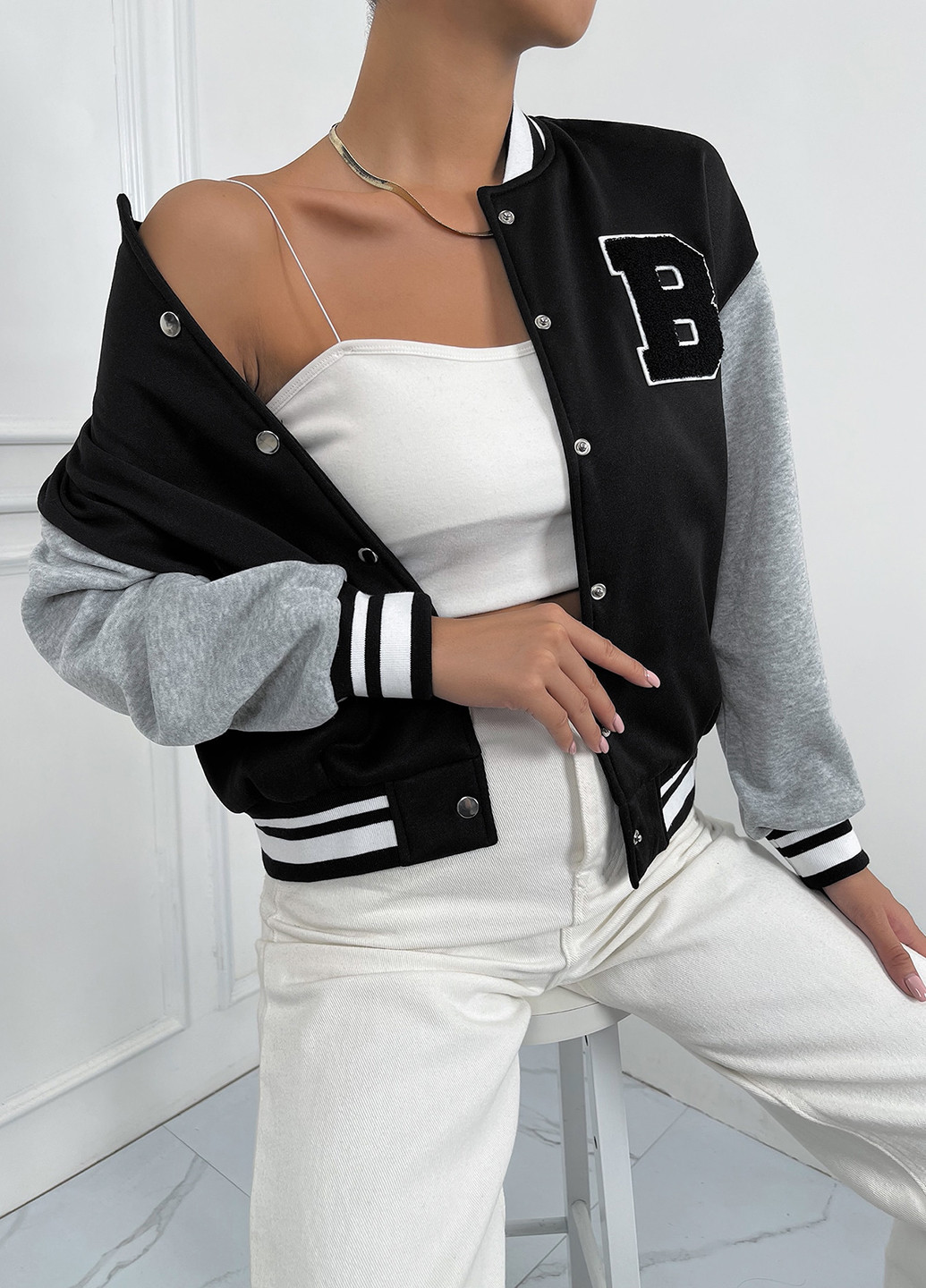 Бомбер SHEIN бейсбольний на кнопках (340648607)