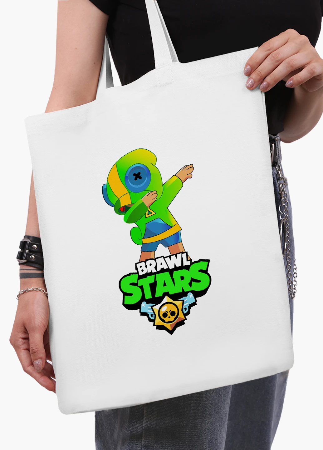 Эко сумка шоппер белая Зеленый Леон Бравл Старс (Green Leon Brawl Stars) (9227-1705-WT-2) экосумка шопер 41*35 см MobiPrint (219111113)
