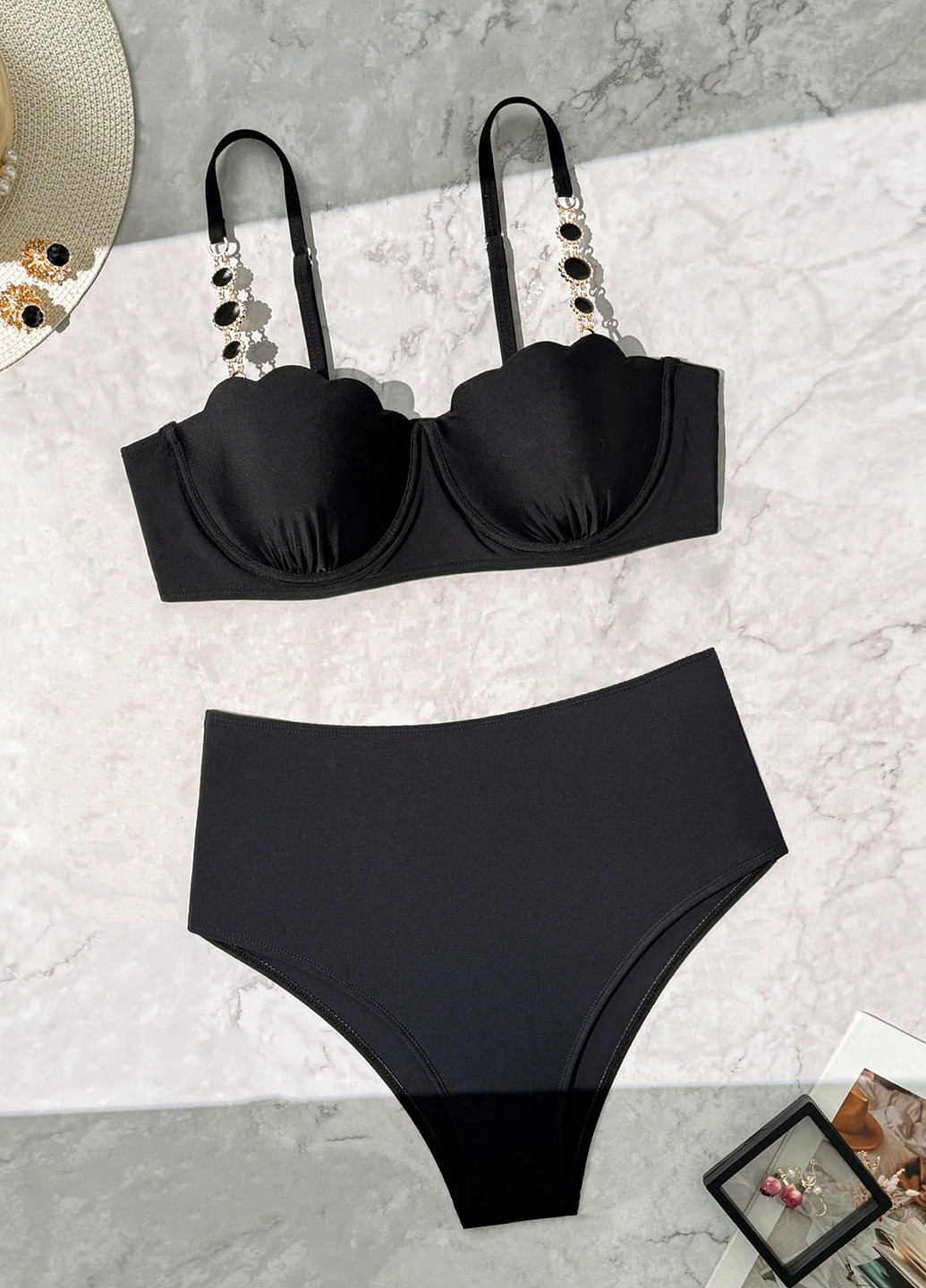 Черный летний купальник (лиф, трусики) балконет, раздельный SHEIN