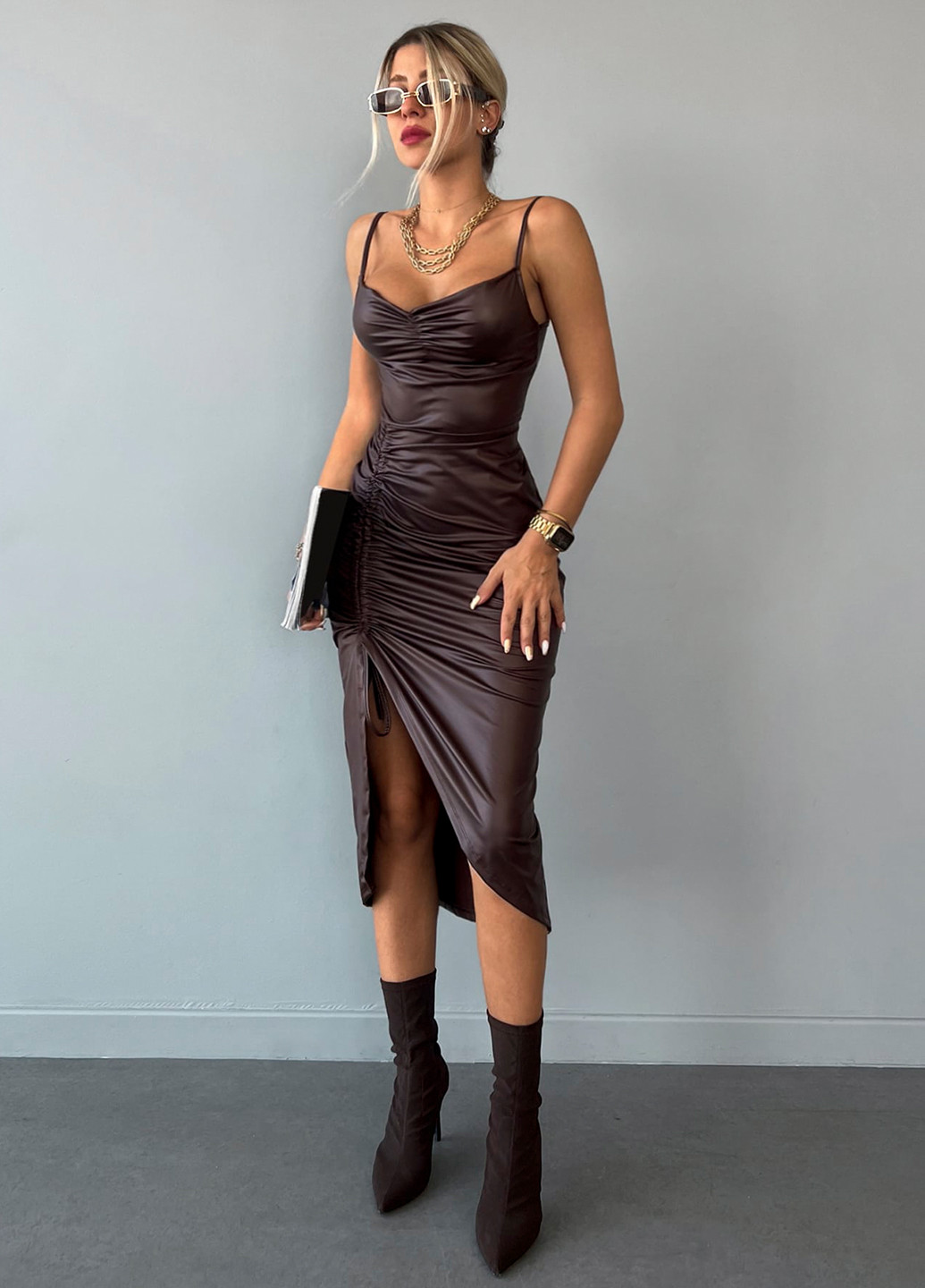 Темно-коричнева святковий, коктейльна, вечірня, кежуал сукня футляр, з відкритою спиною SHEIN однотонна