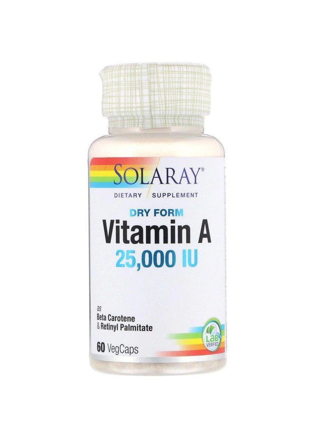 Вітамін А Dry Form Vitamin A 25 000 IU 60 вег. капс Solaray (255410453)