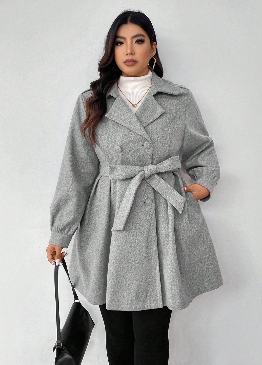 Светло-серое демисезонное Пальто двубортное SHEIN