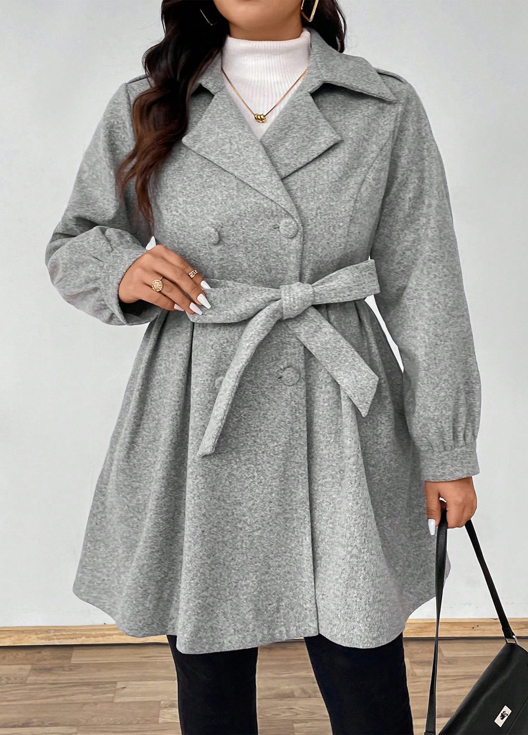 Светло-серое демисезонное Пальто двубортное SHEIN