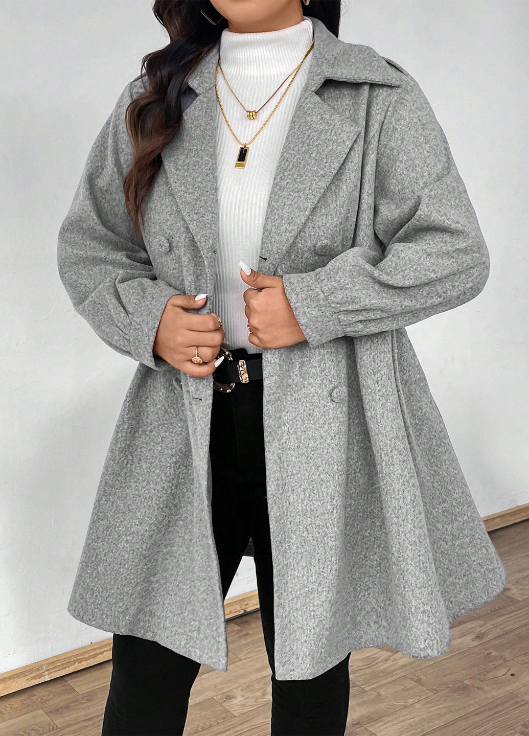 Светло-серое демисезонное Пальто двубортное SHEIN