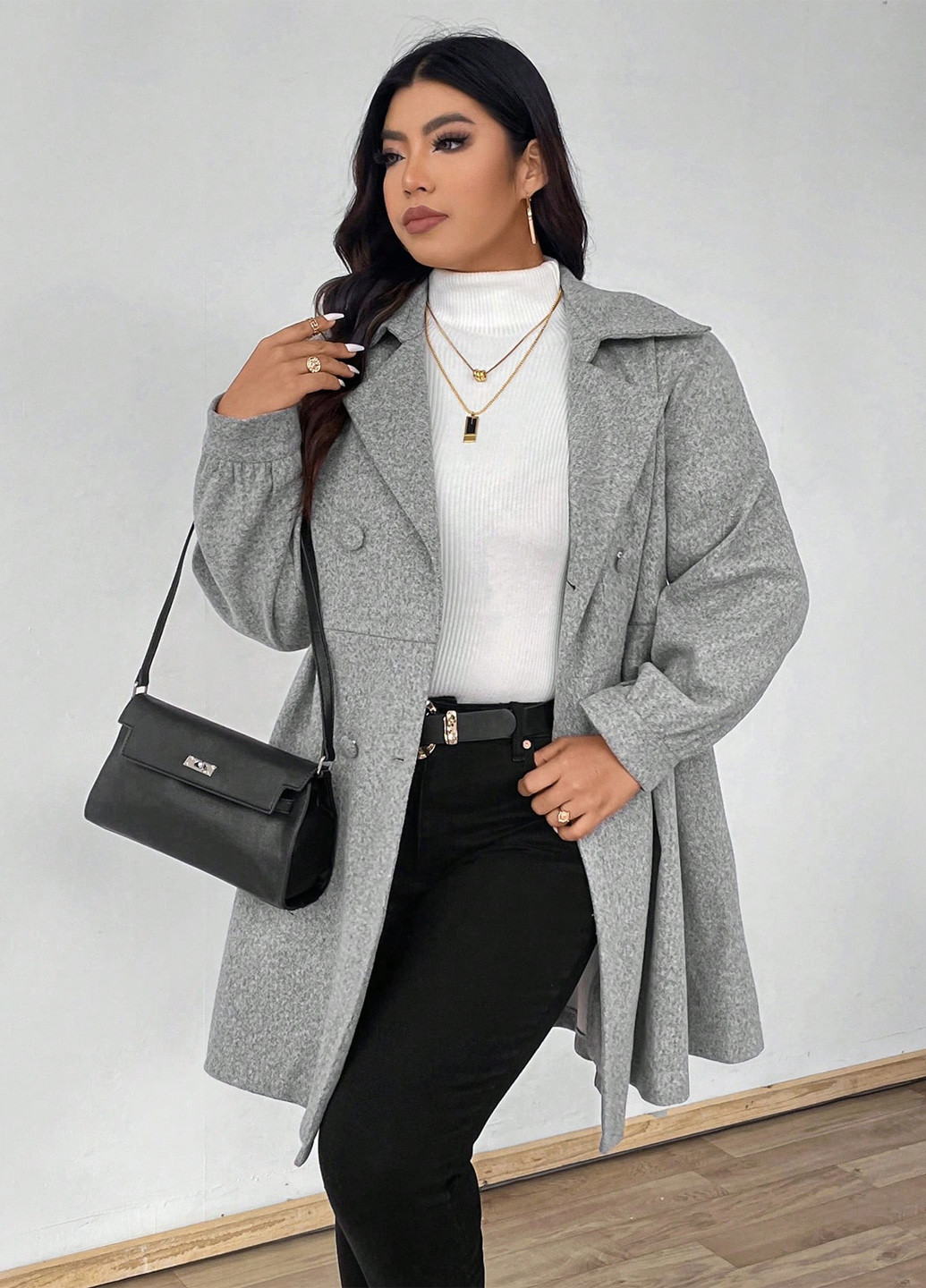 Светло-серое демисезонное Пальто двубортное SHEIN