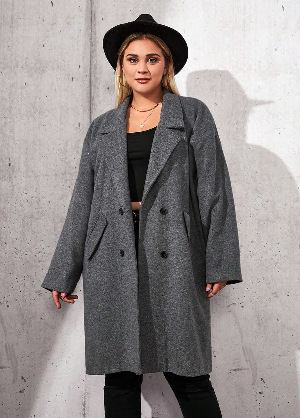 Темно-серое зимнее Пальто двубортное SHEIN