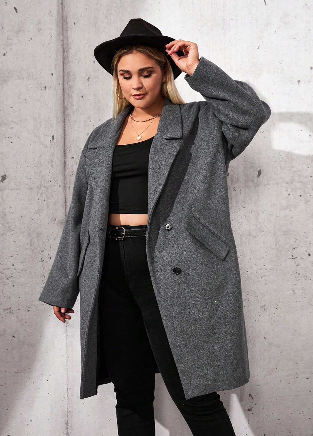 Темно-серое зимнее Пальто двубортное SHEIN