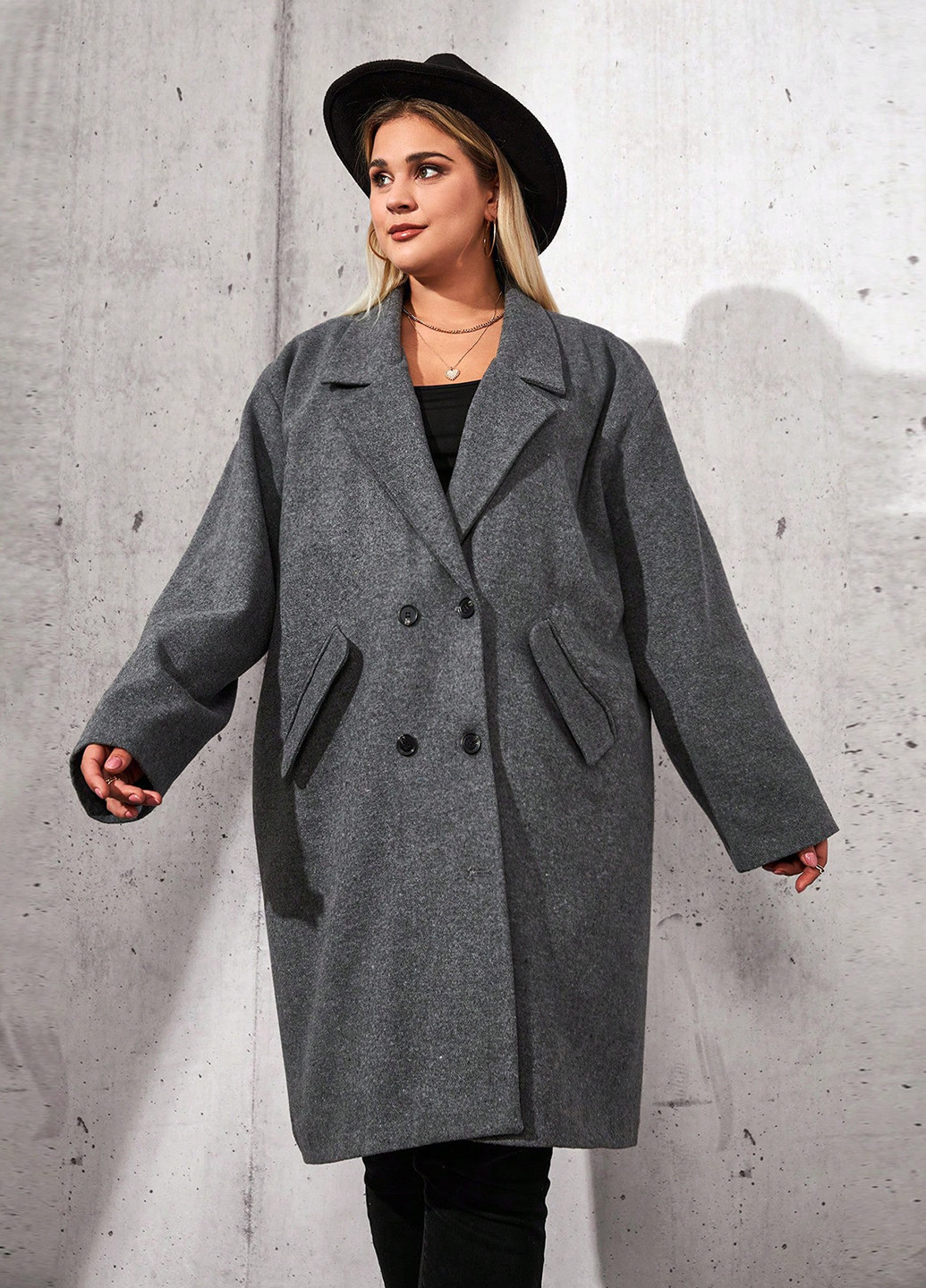 Темно-серое зимнее Пальто двубортное SHEIN