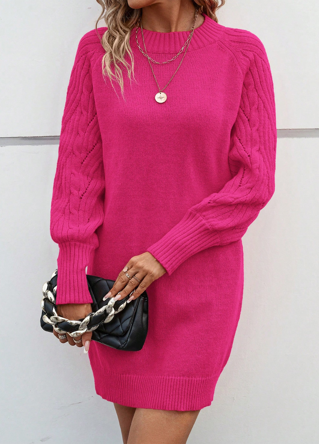 Фуксиновое (цвета Фуксия) кэжуал платье платье-свитер SHEIN однотонное