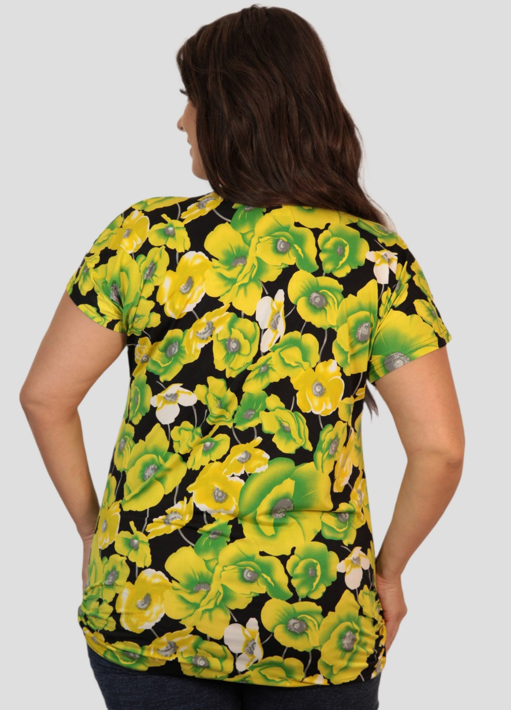 Жовта літня блуза трикотажна жовта з абстрактним квітковим принтом art 00070b BABOCHKA XL Collection