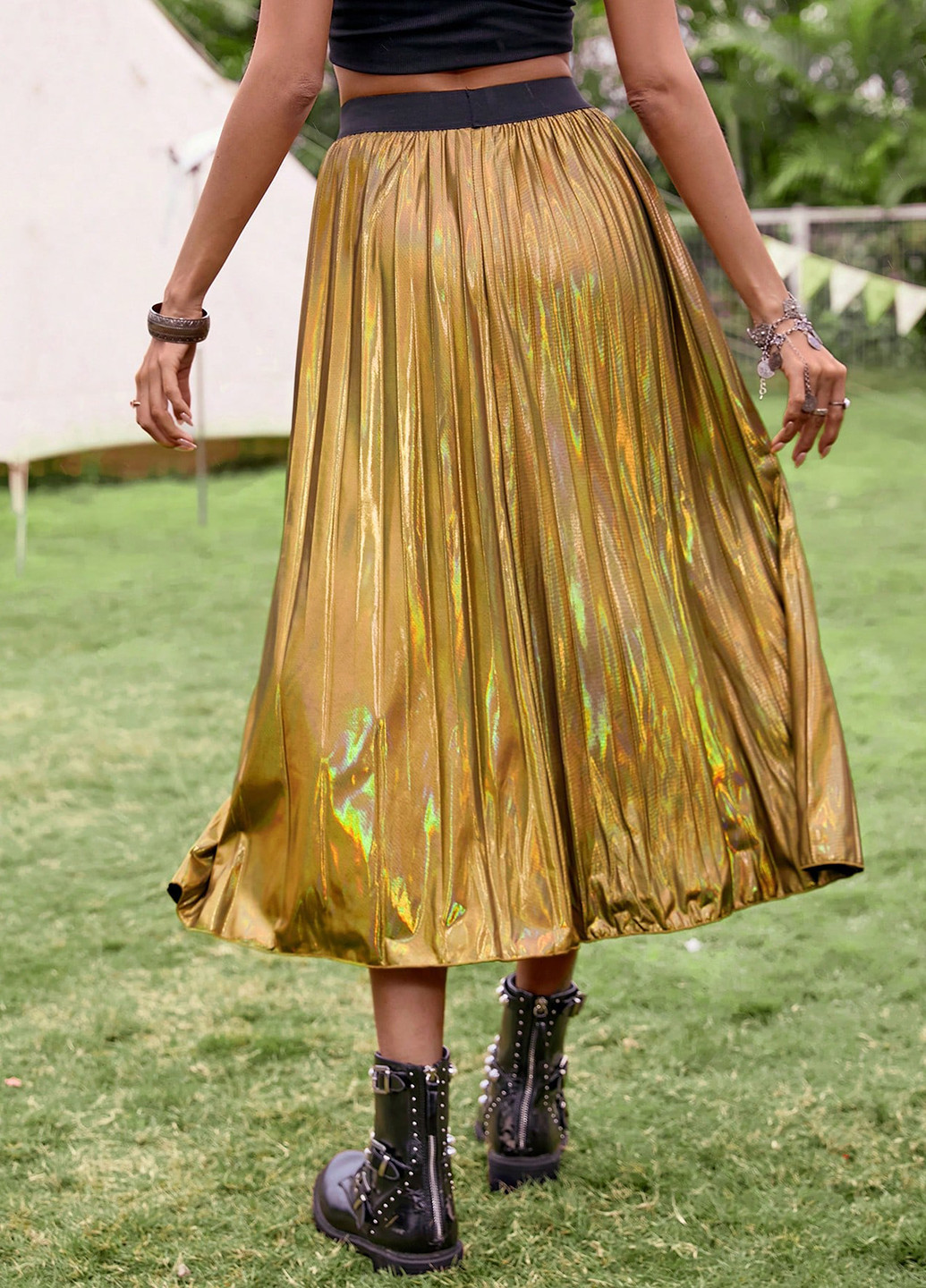 Золотая вечерний колор блок юбка SHEIN клешированная, а-силуэта (трапеция), плиссе