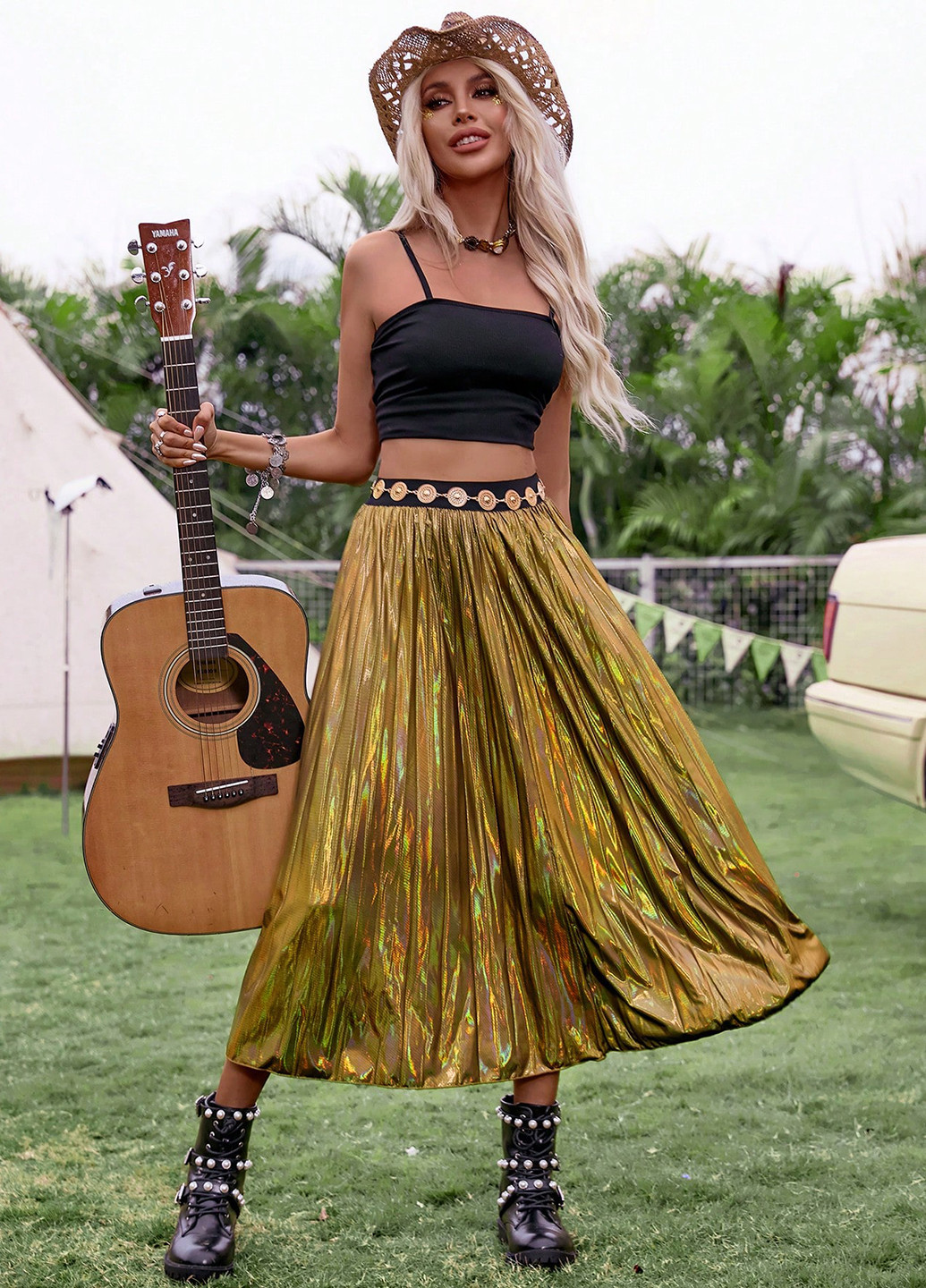 Золотая вечерний колор блок юбка SHEIN клешированная, а-силуэта (трапеция), плиссе