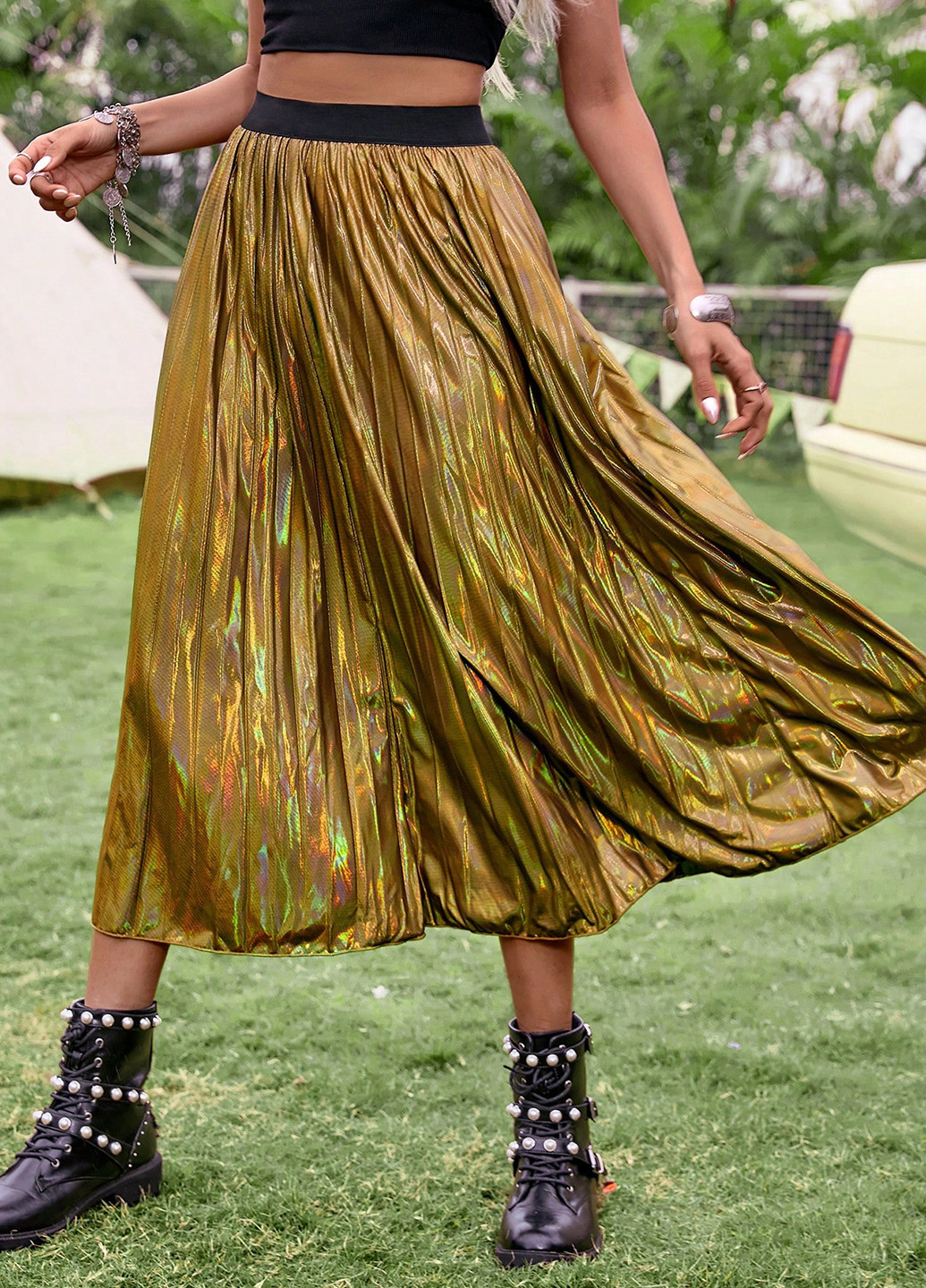 Золотая вечерний колор блок юбка SHEIN клешированная, а-силуэта (трапеция), плиссе