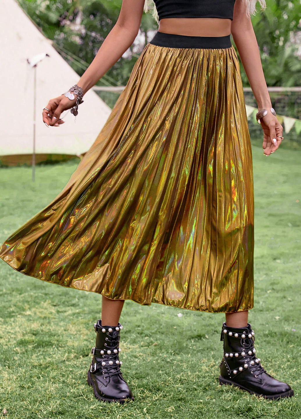 Золотая вечерний колор блок юбка SHEIN клешированная, а-силуэта (трапеция), плиссе