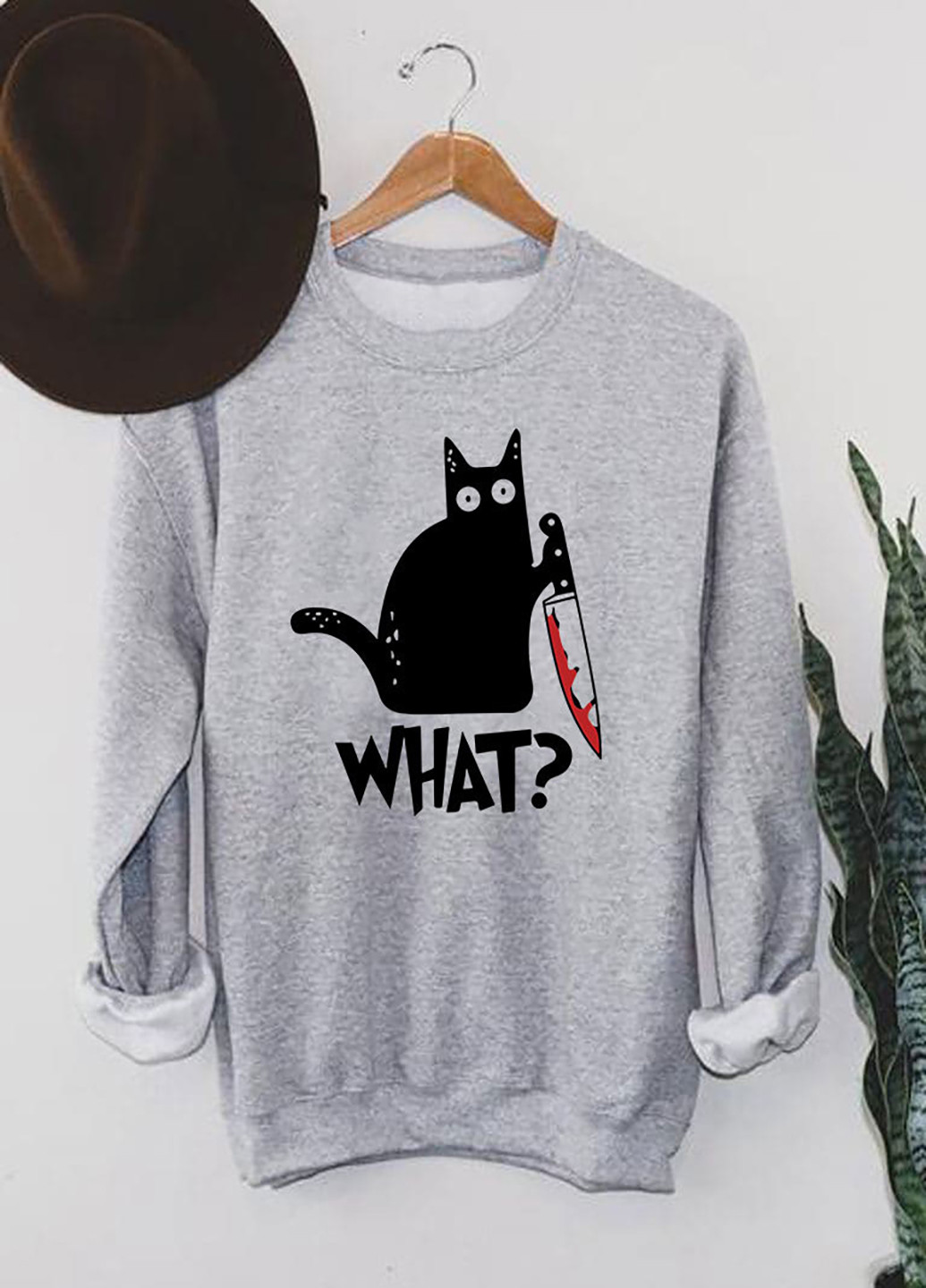 Свитшот серый мужской Cat says "What?" Love&Live - крой однотонный серый кэжуал - (216058374)