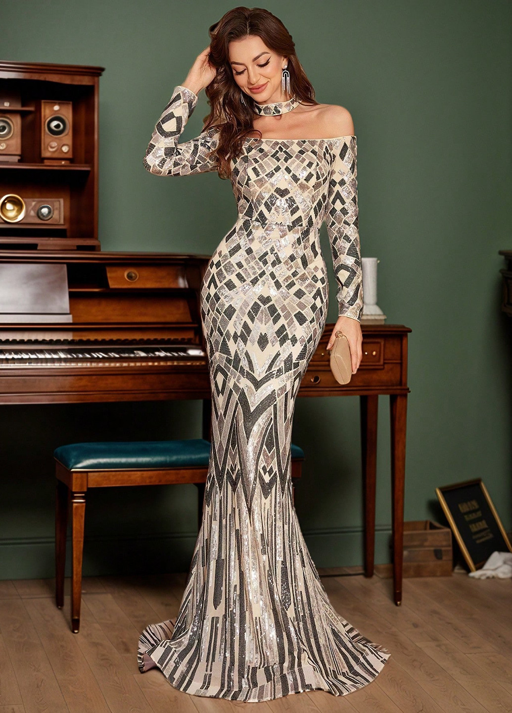 Комбинированное вечернее платье годе SHEIN с геометрическим узором