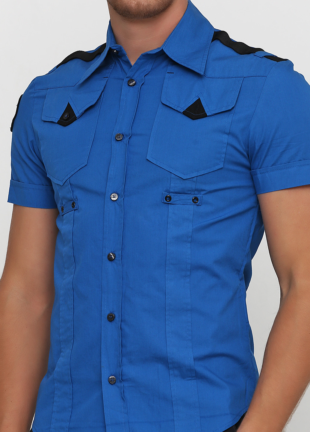 Синяя кэжуал рубашка однотонная C'N'C с коротким рукавом