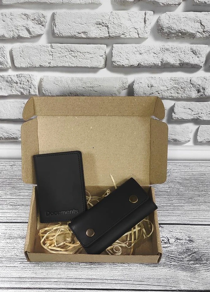 Подарочный набор №11 (ключница + обложка на права, ID паспорт) черный DNK Leather (253933694)