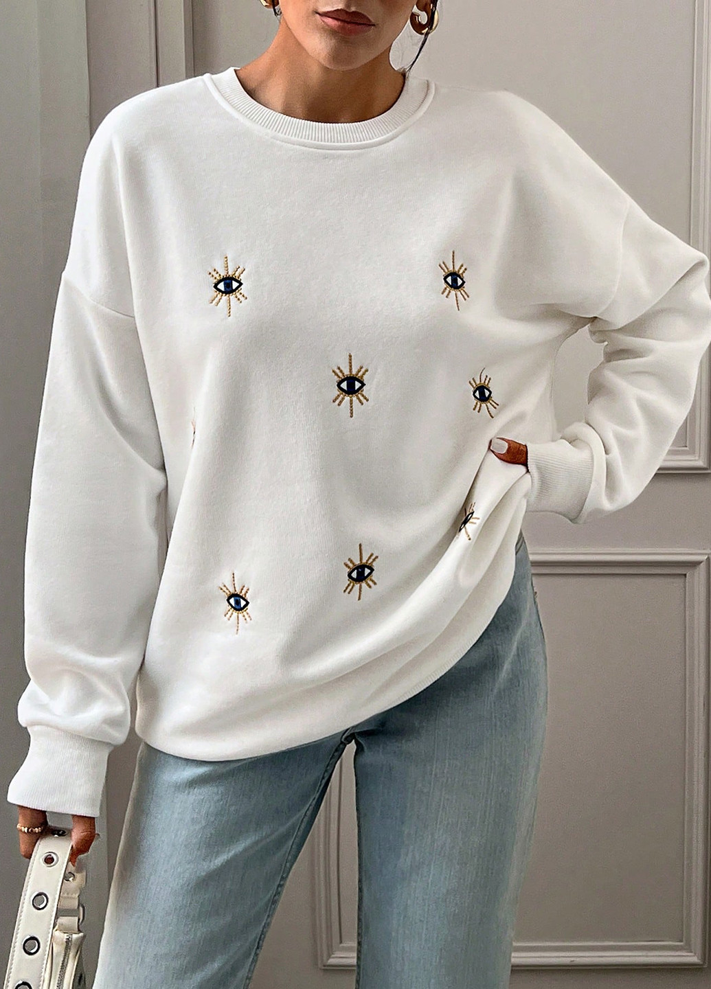 Белый свитшот SHEIN глаза вышивка (332520238)