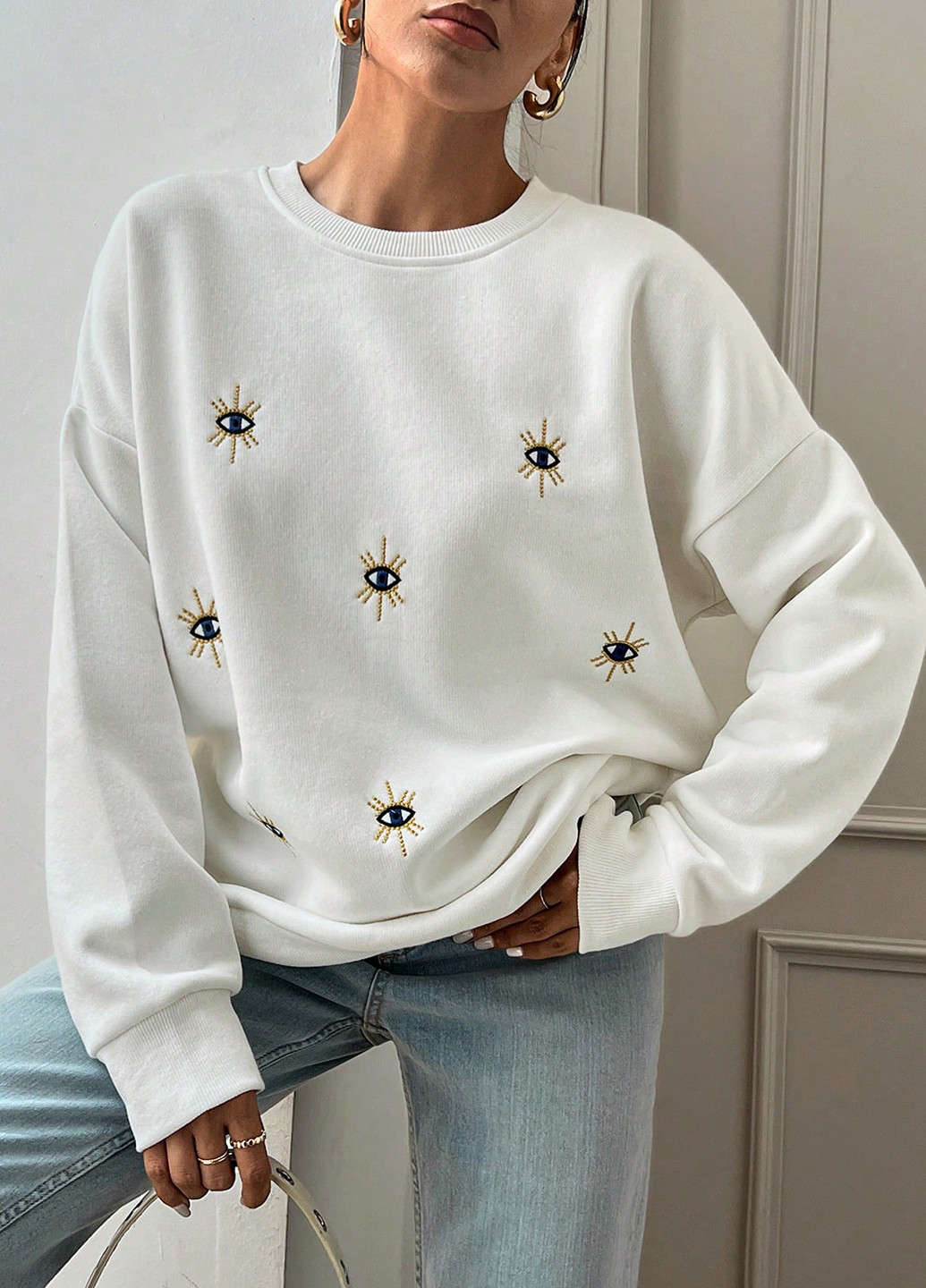 Белый свитшот SHEIN глаза вышивка (332520238)
