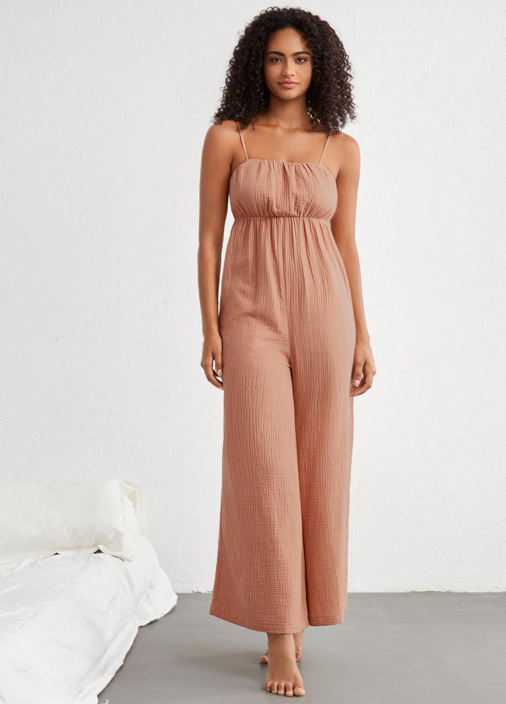 Комбинезон SHEIN комбинезон-брюки однотонный бежевый домашний хлопок