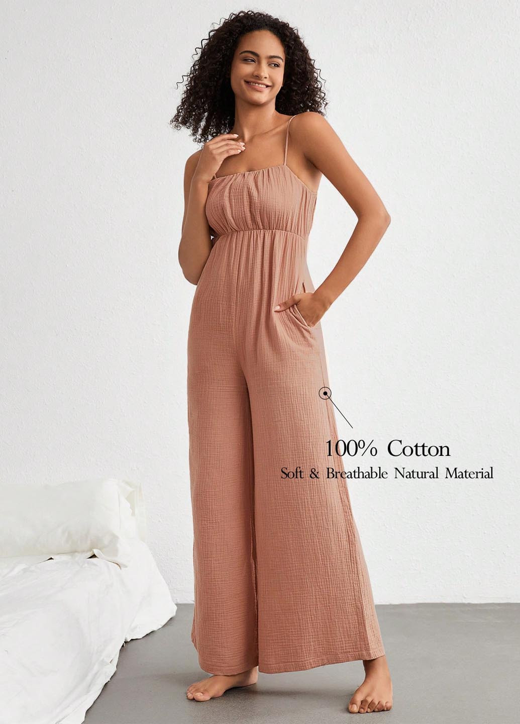 Комбинезон SHEIN комбинезон-брюки однотонный бежевый домашний хлопок