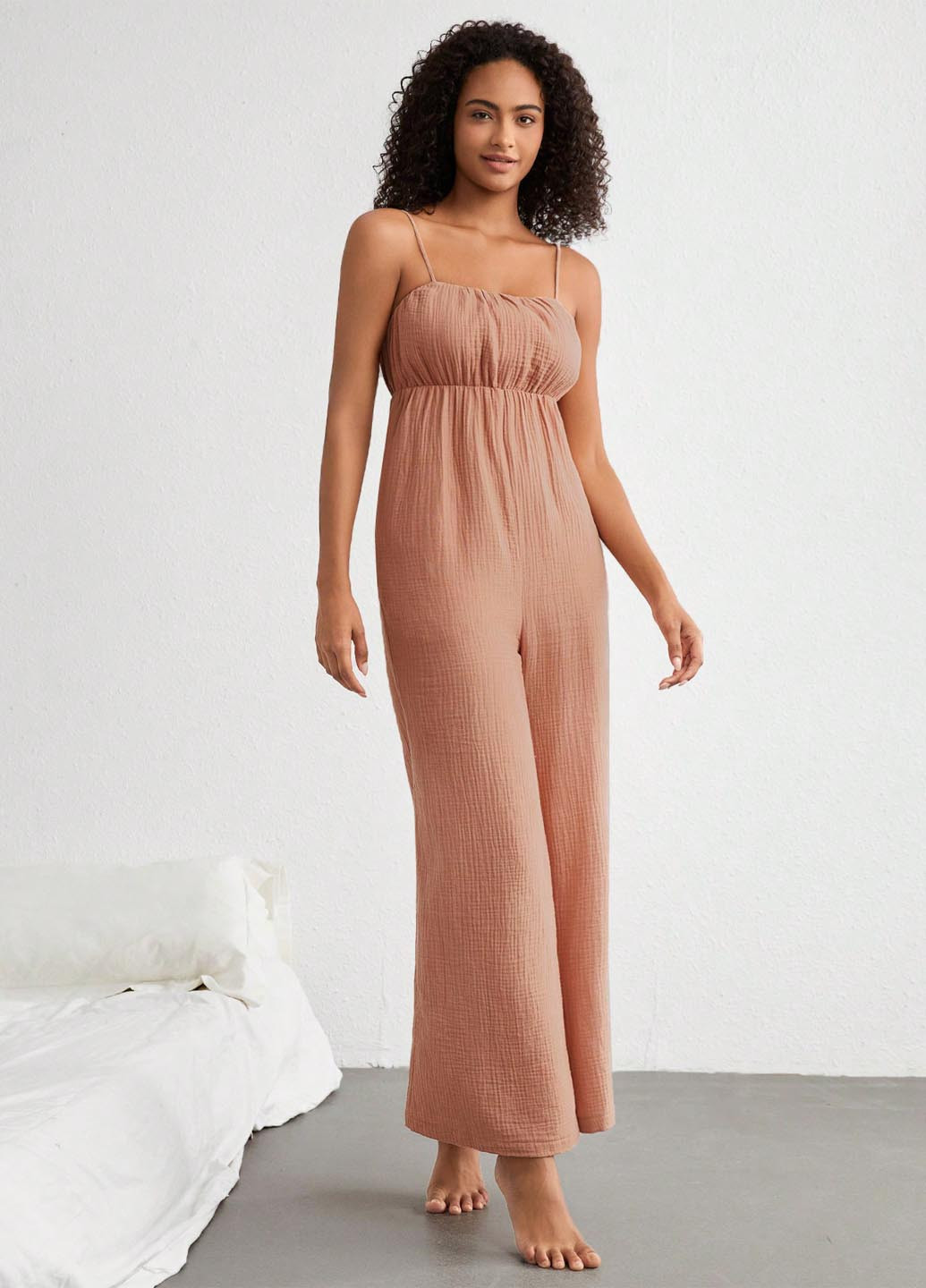 Комбинезон SHEIN комбинезон-брюки однотонный бежевый домашний хлопок