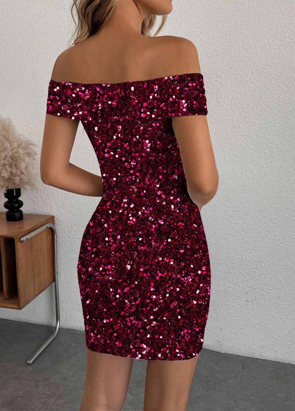 Темно-бордова коктейльна сукня силуетна, з відкритими плечима SHEIN однотонна