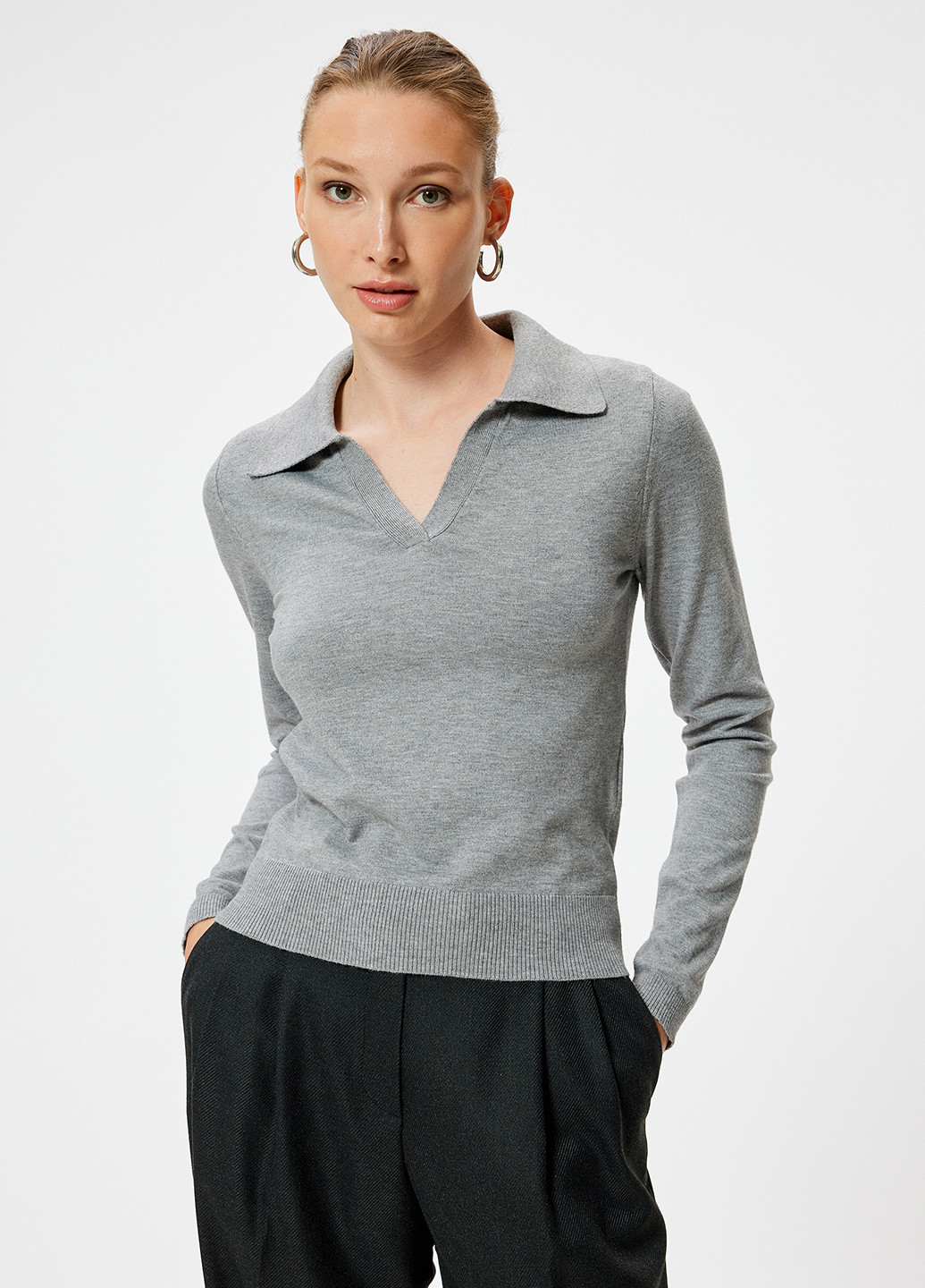 Серая женская футболка-поло KOTON меланжевая