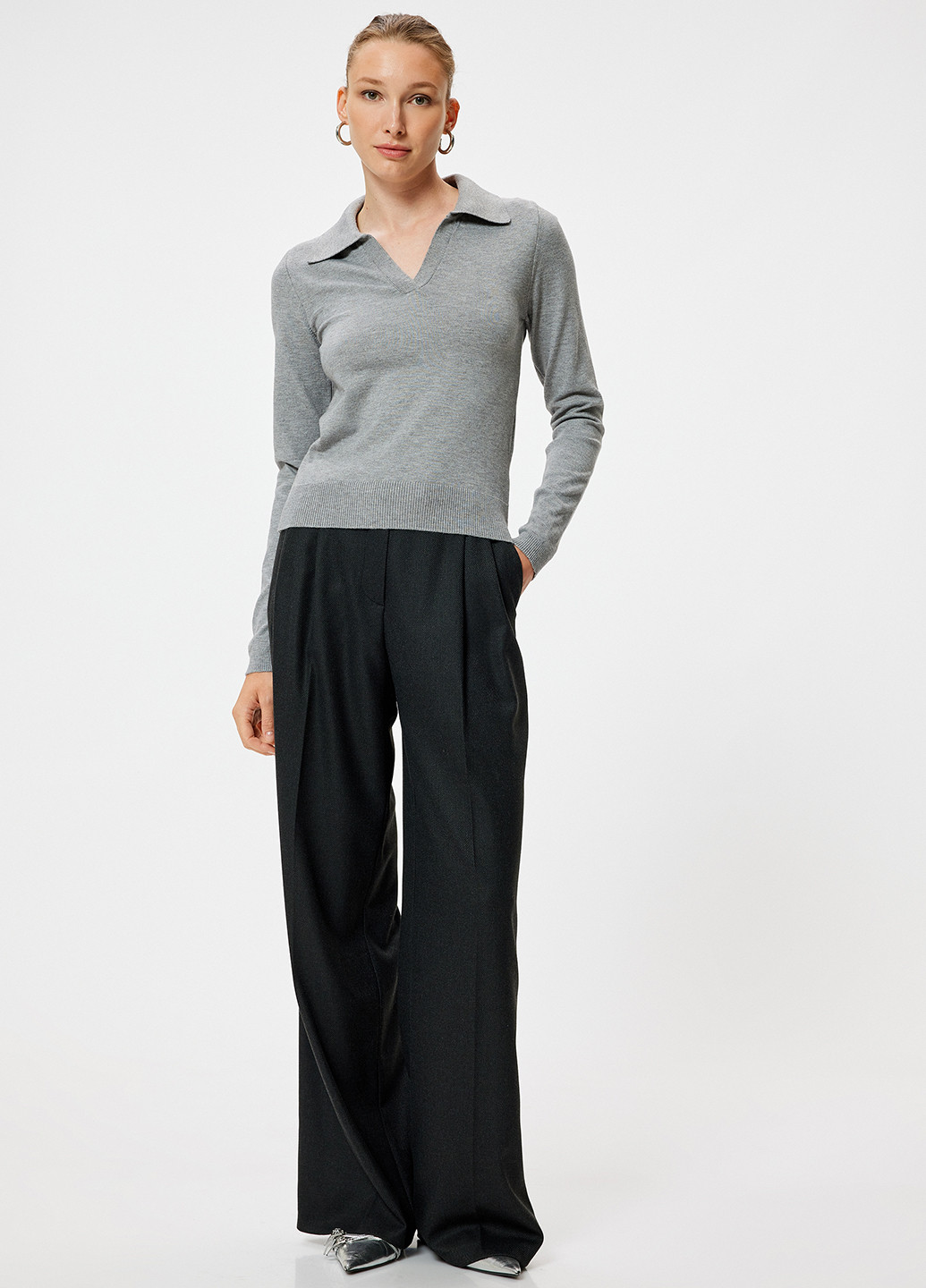 Серая женская футболка-поло KOTON меланжевая