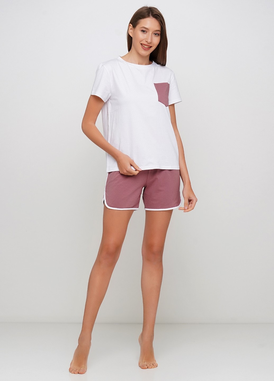 Коричневая пижама хлопковая в горошек xl футболка + шорты JULIA