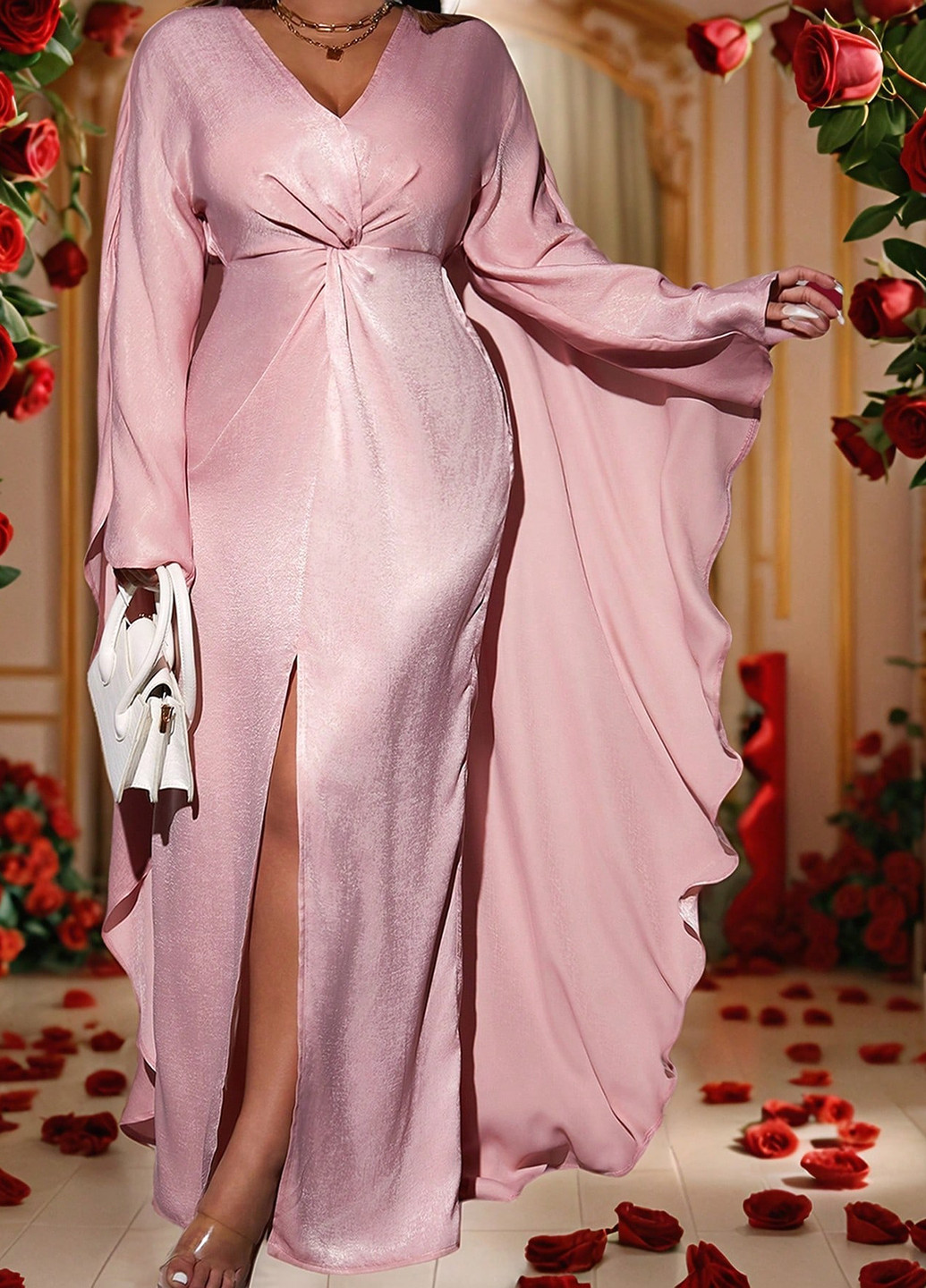 Розовое коктейльное, вечернее платье со шлейфом SHEIN однотонное