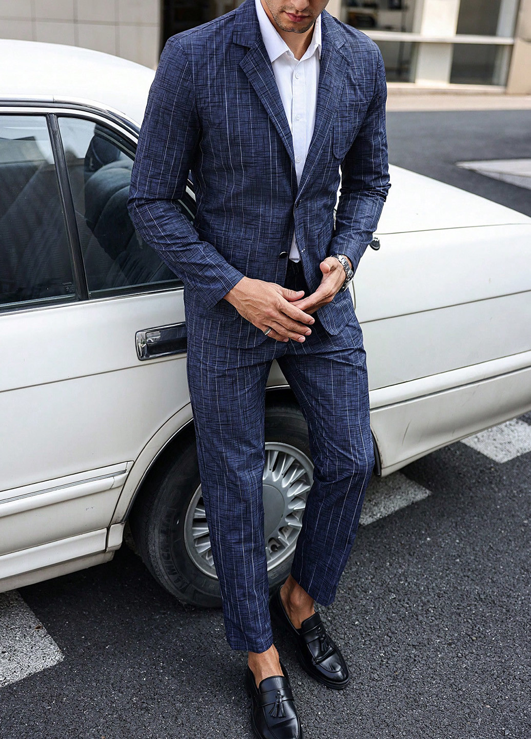 Темно-синий демисезонный костюм (пиджак, брюки) брючный SHEIN