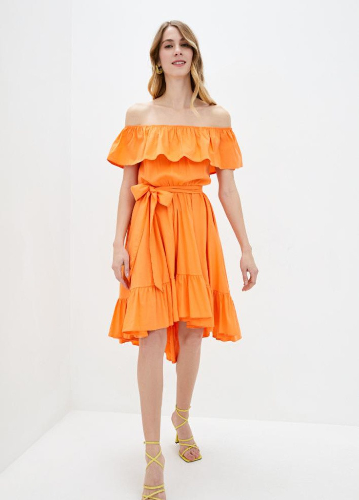 Оранжевое пляжное летнее ассимитрическое женское платье с воланами с открытыми плечами Podium однотонное