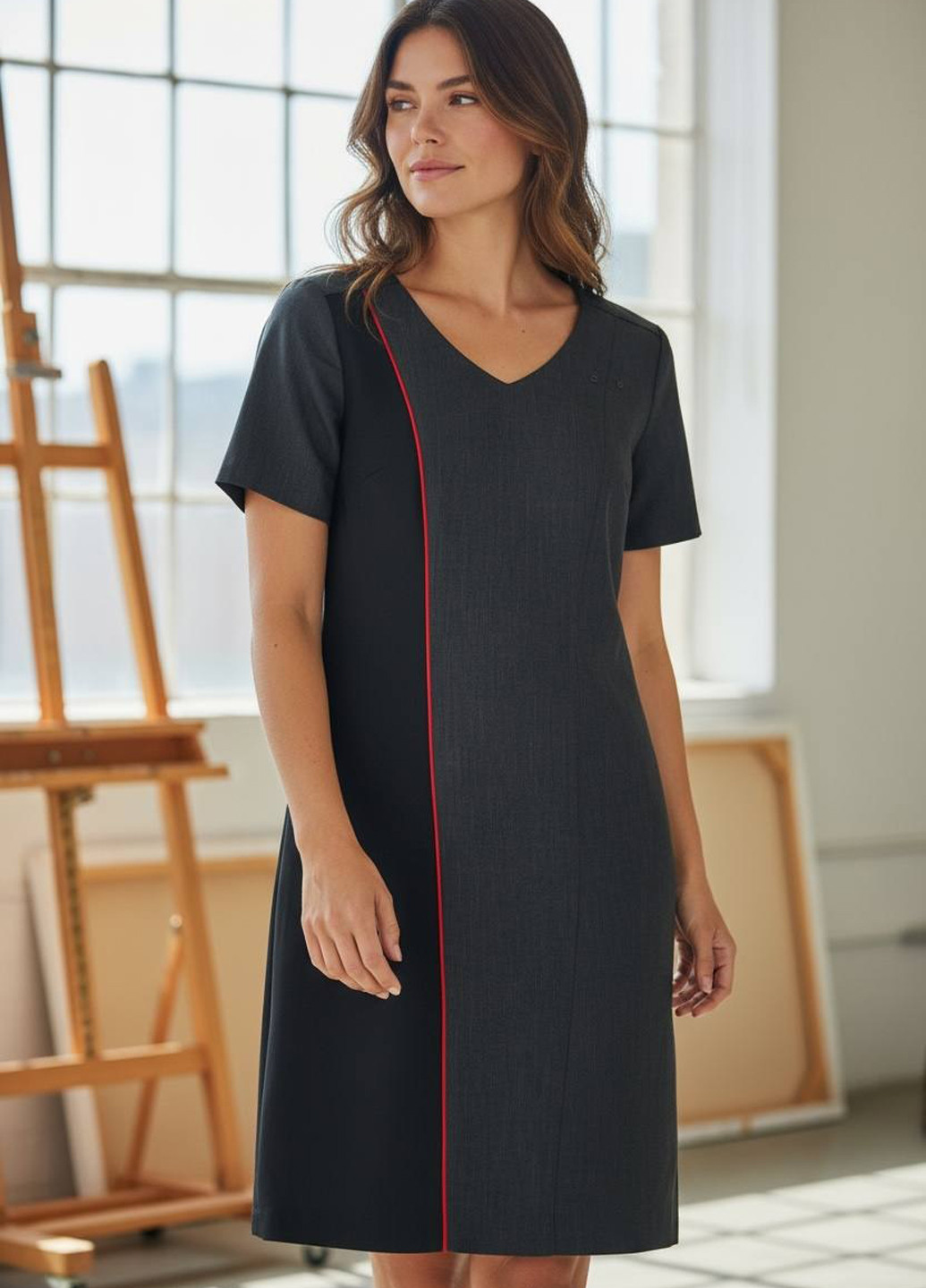 Серое деловое, кэжуал платье футляр No Brand колор блок