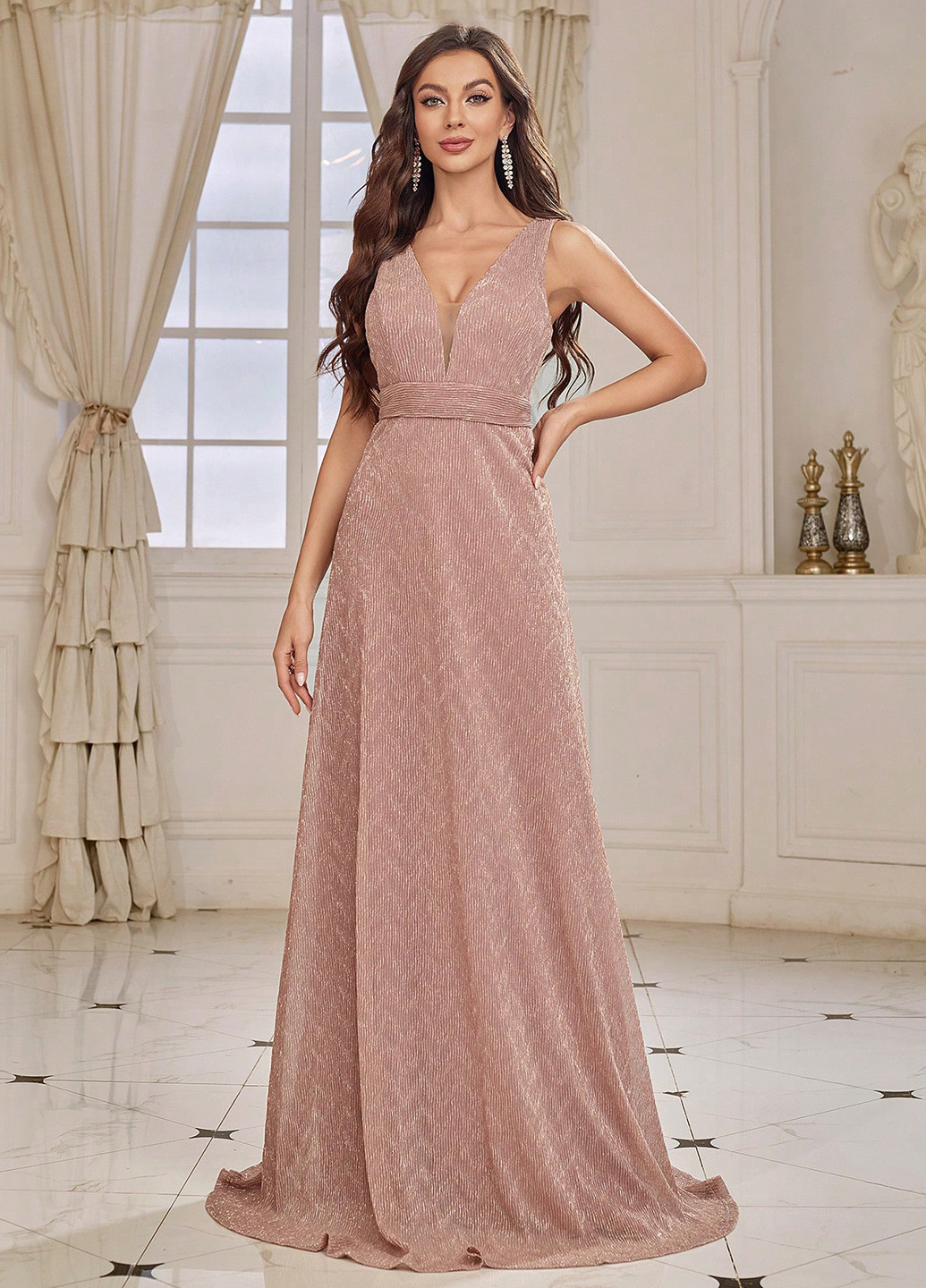 Светло-бежевое праздничный, вечернее платье в стиле ампир, с открытой спиной SHEIN с геометрическим узором