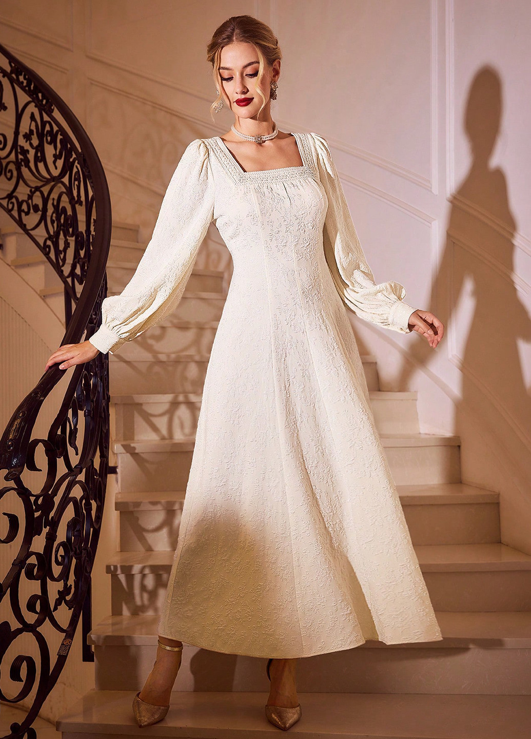 Кремова святковий, вечірня, кежуал сукня кльош SHEIN однотонна