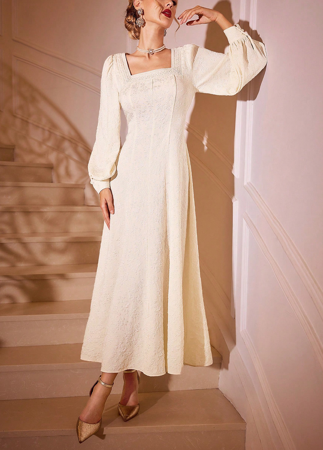 Кремова святковий, вечірня, кежуал сукня кльош SHEIN однотонна