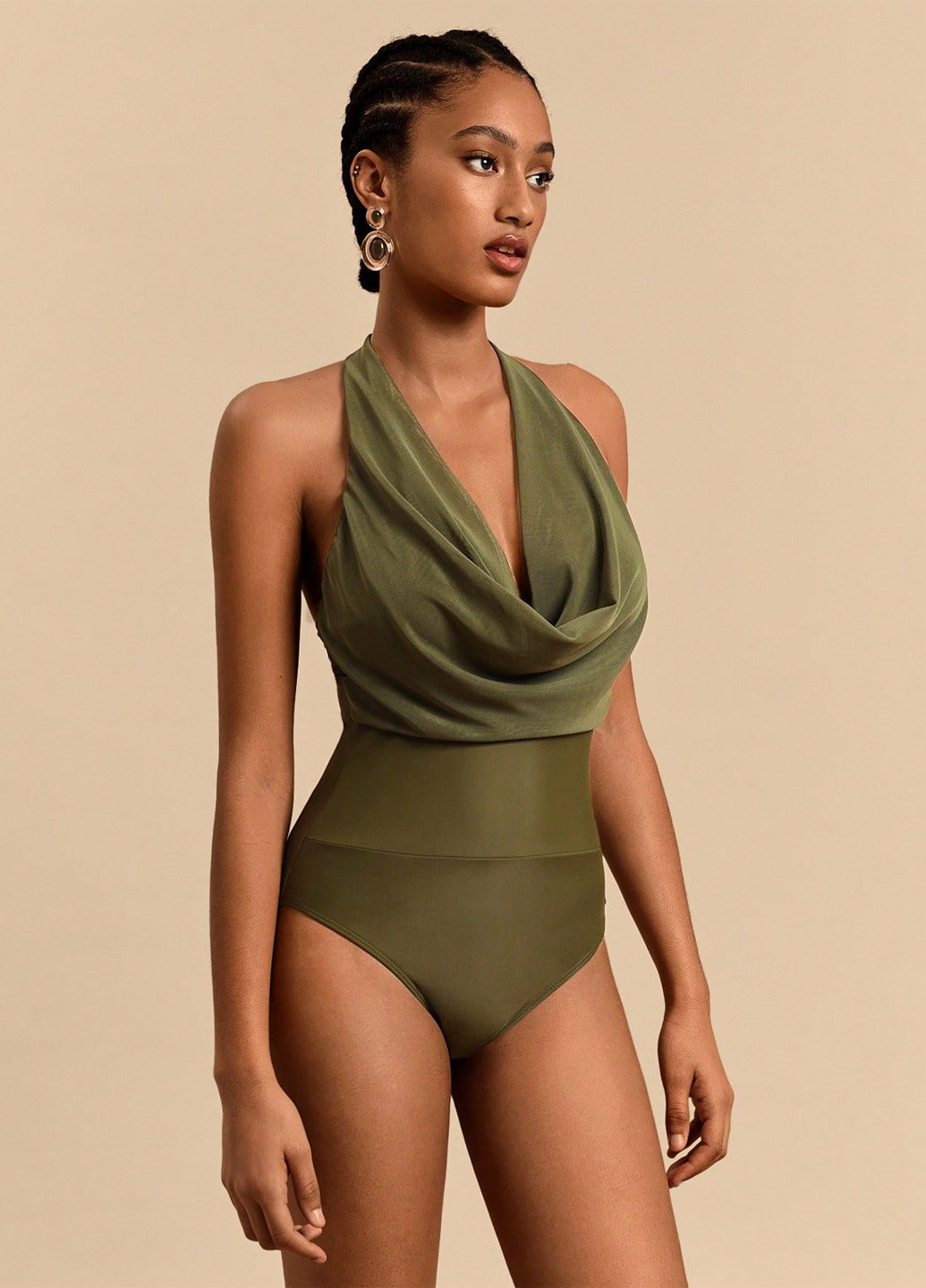 Оливковий (хакі) літній купальник суцільний, халтер SHEIN