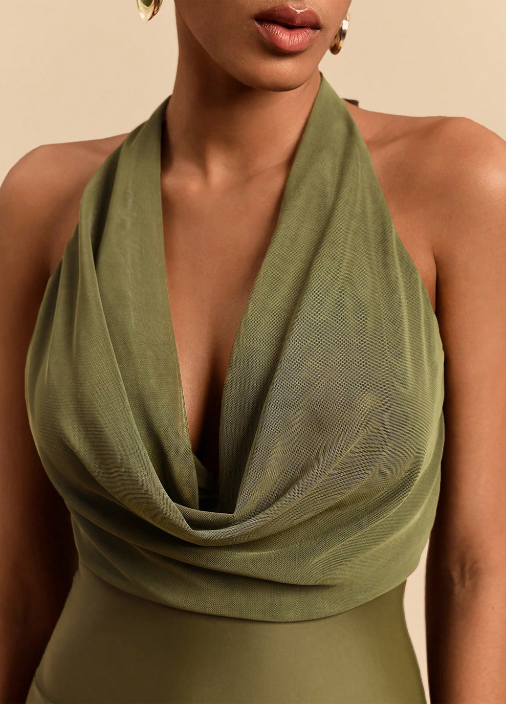 Оливковий (хакі) літній купальник суцільний, халтер SHEIN