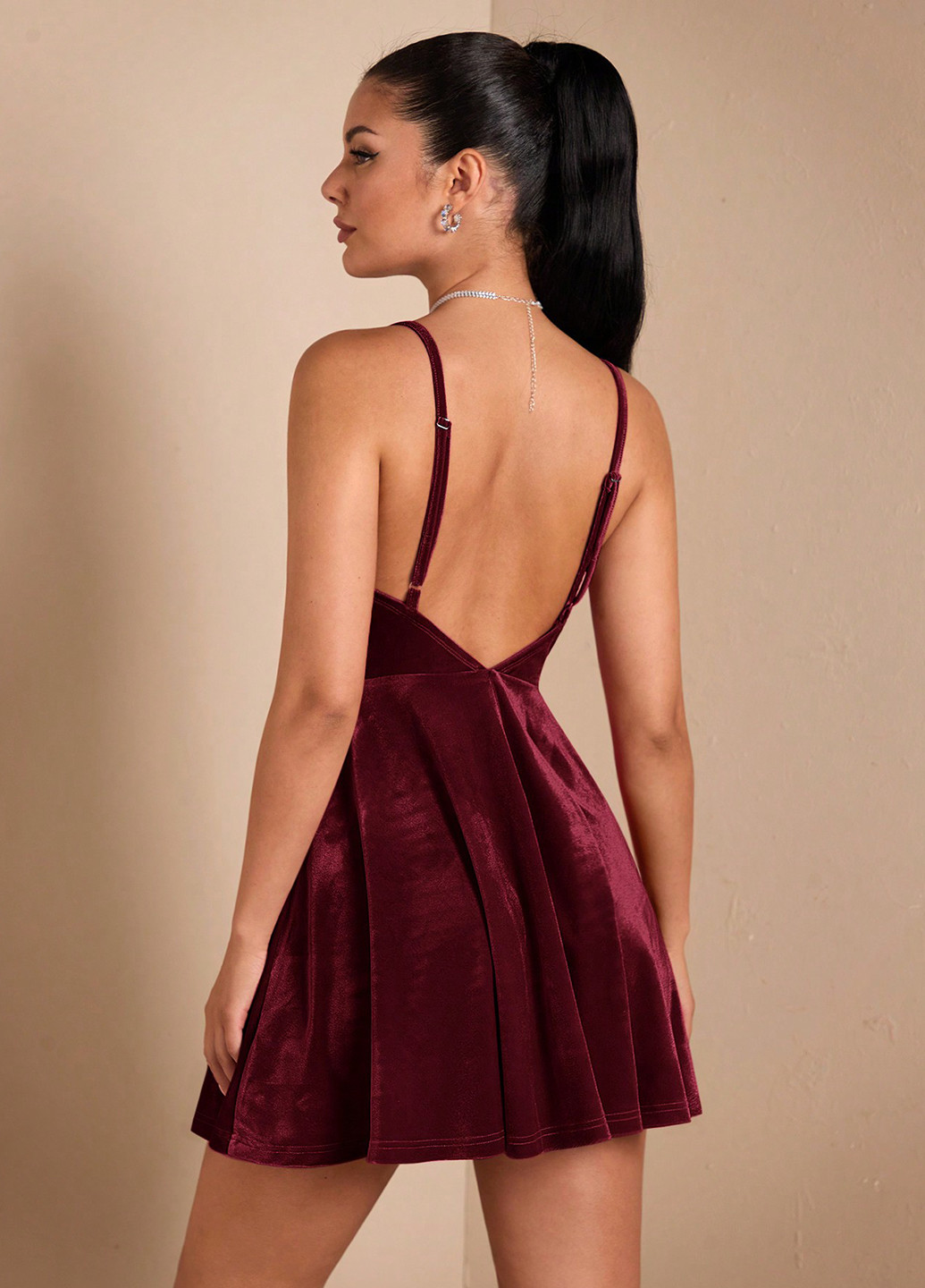 Вишнева коктейльна, вечірня, святковий сукня кльош, з відкритою спиною SHEIN однотонна