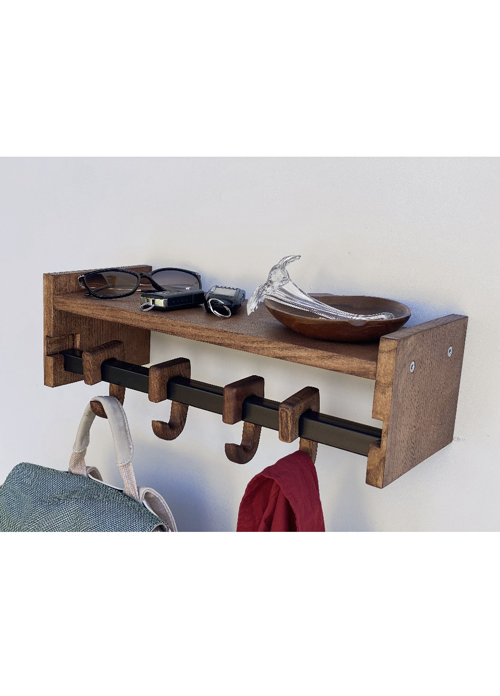 Настінна полиця вішалка органайзер підставка для одягу сумок парасольок з металу та дерева 5 гачків 50х15х20 см (473433-Prob) Unbranded (254681190)
