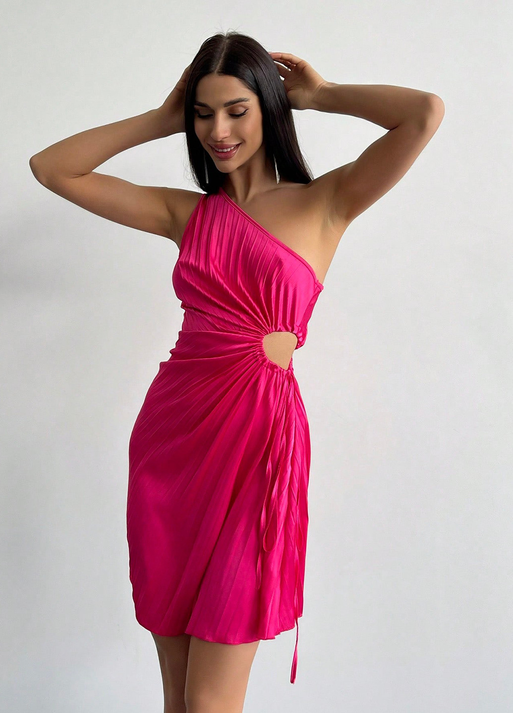 Малинова вечірня, коктейльна сукня плісована, на одне плече SHEIN однотонна