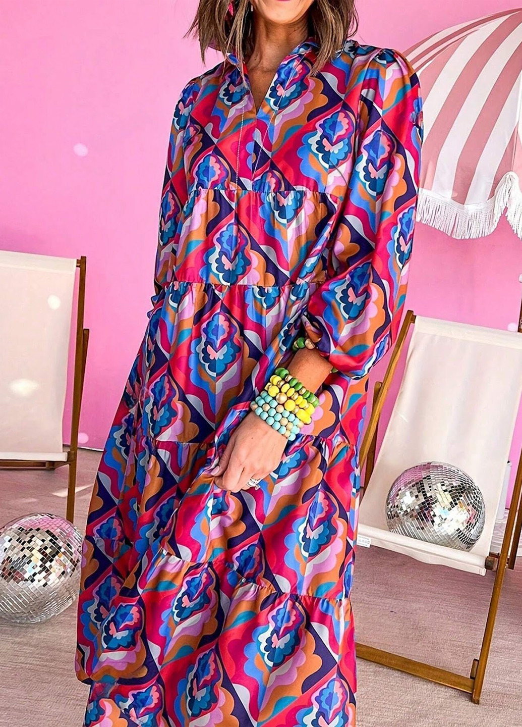 Комбинированное кэжуал платье оверсайз, рубашка SHEIN с геометрическим узором