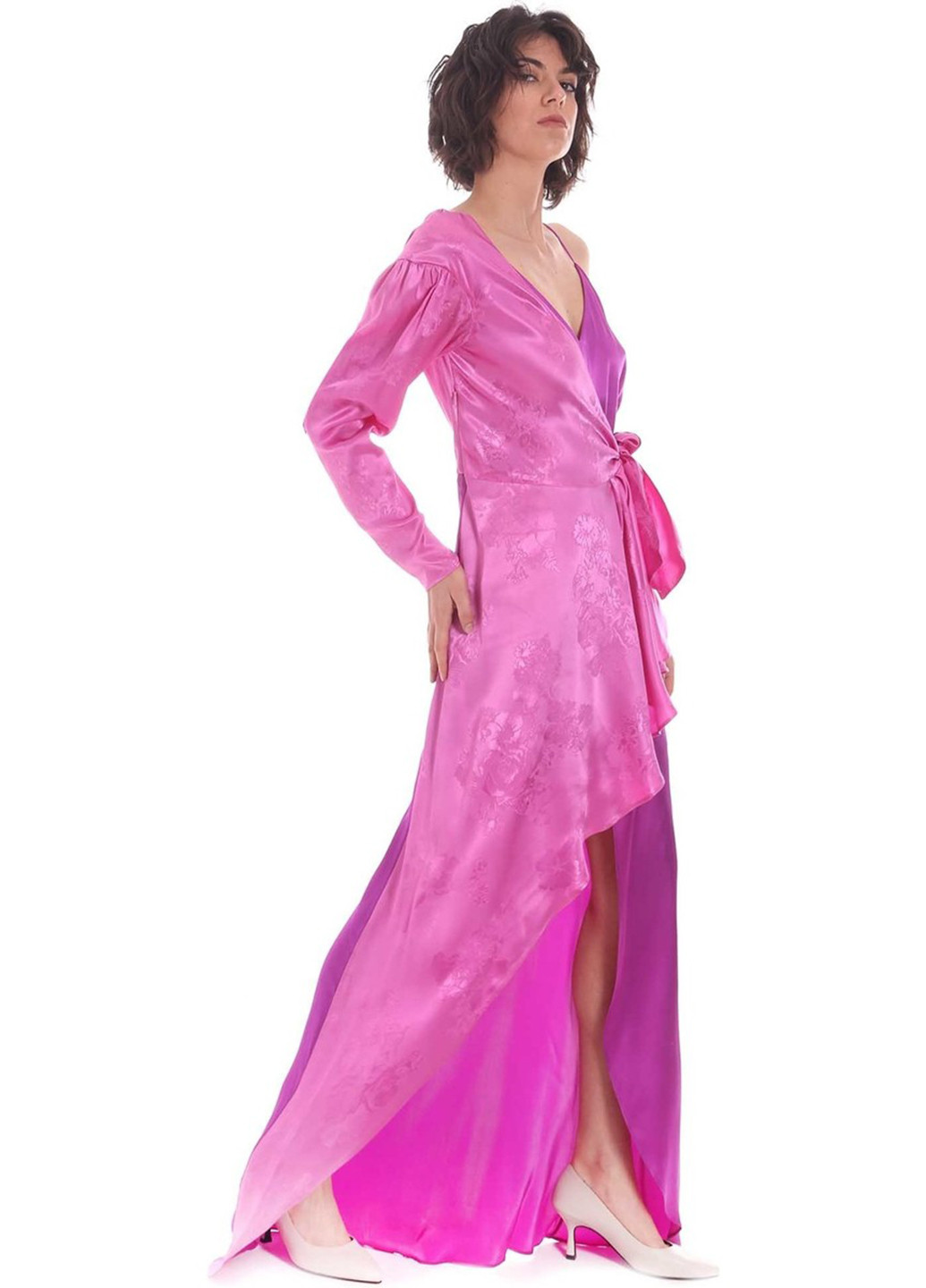 Фуксиновое (цвета Фуксия) вечернее платье на одно плечо, на запах Pinko однотонное