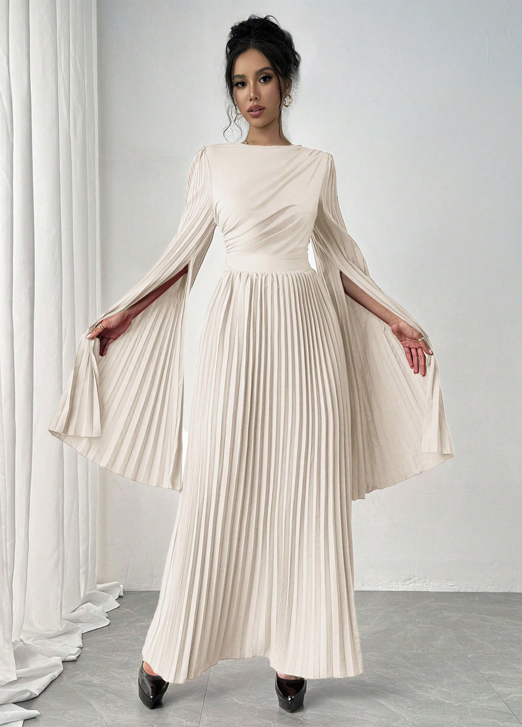 Кремова вечірня, кежуал сукня плісована SHEIN однотонна