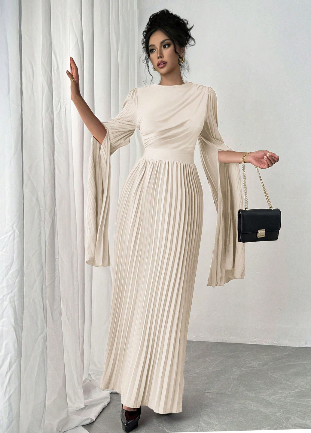 Кремова вечірня, кежуал сукня плісована SHEIN однотонна