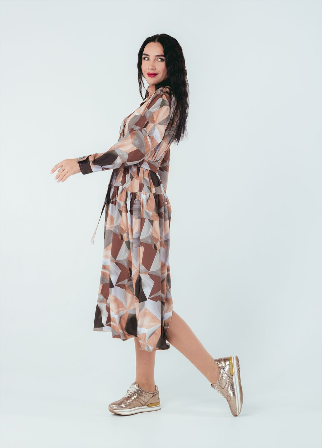 Бежевое кэжуал платье so-78255-beg рубашка Alpama с геометрическим узором
