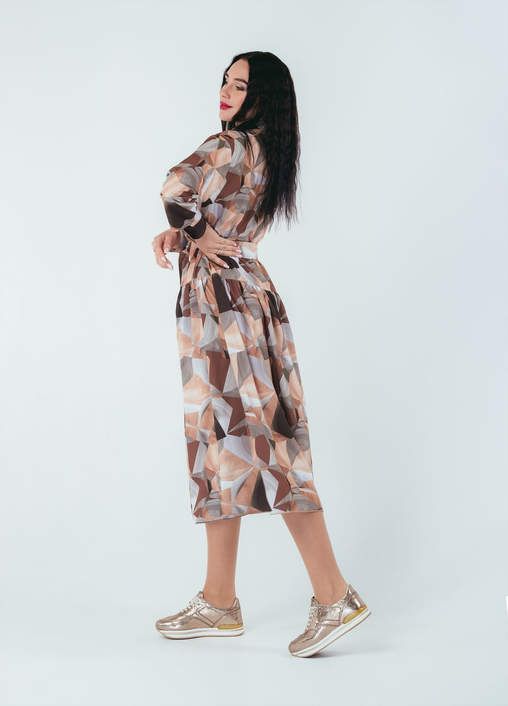 Бежевое кэжуал платье so-78255-beg рубашка Alpama с геометрическим узором