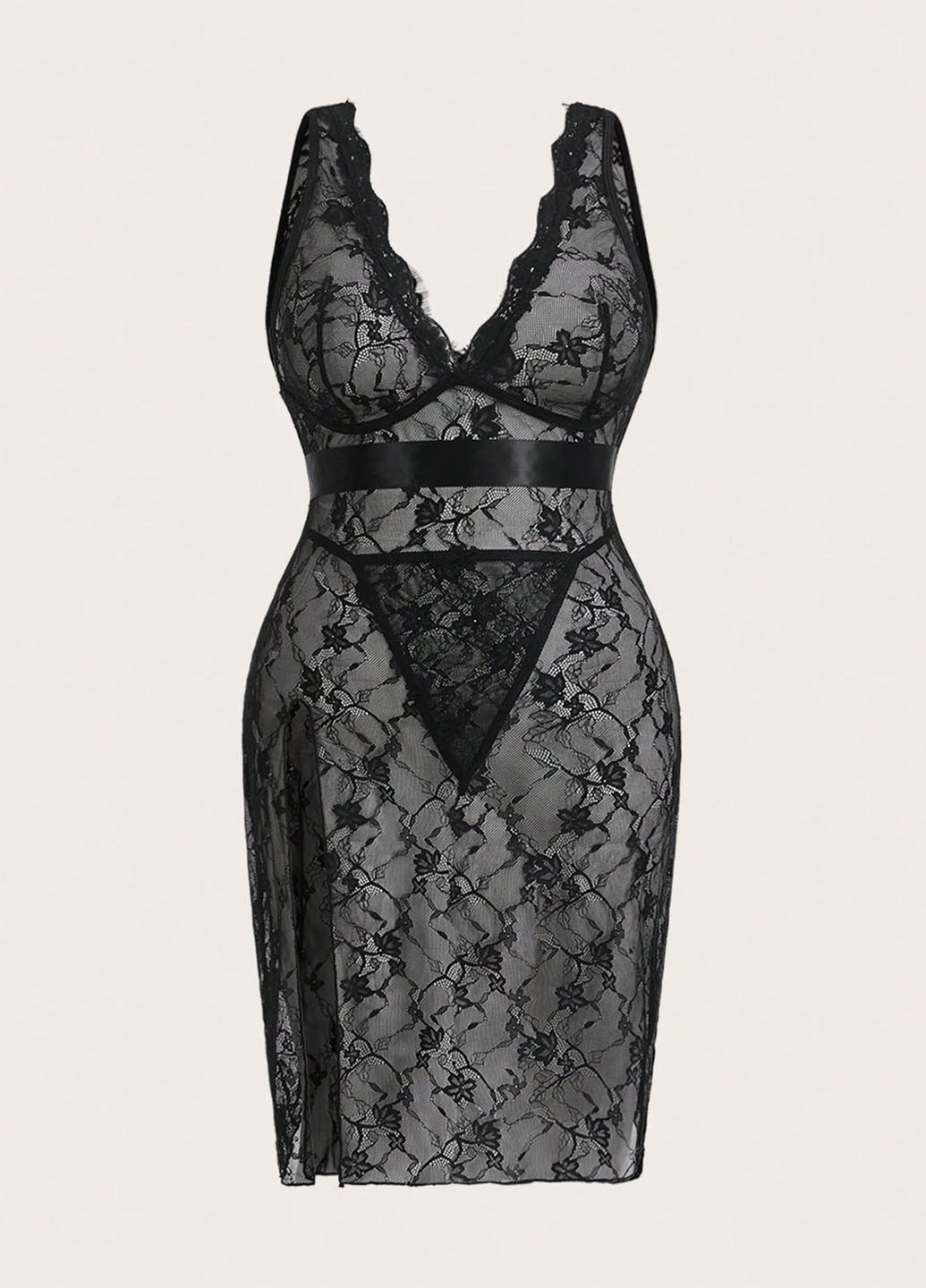 Чорний демісезонний комплект (комбінація, трусики) SHEIN